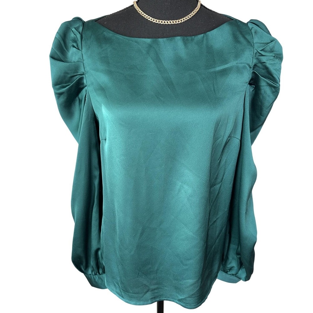 Lulus Blouse Womens Medium Emerald Green Satin Puff Sleeve Ruched Shoulder Top